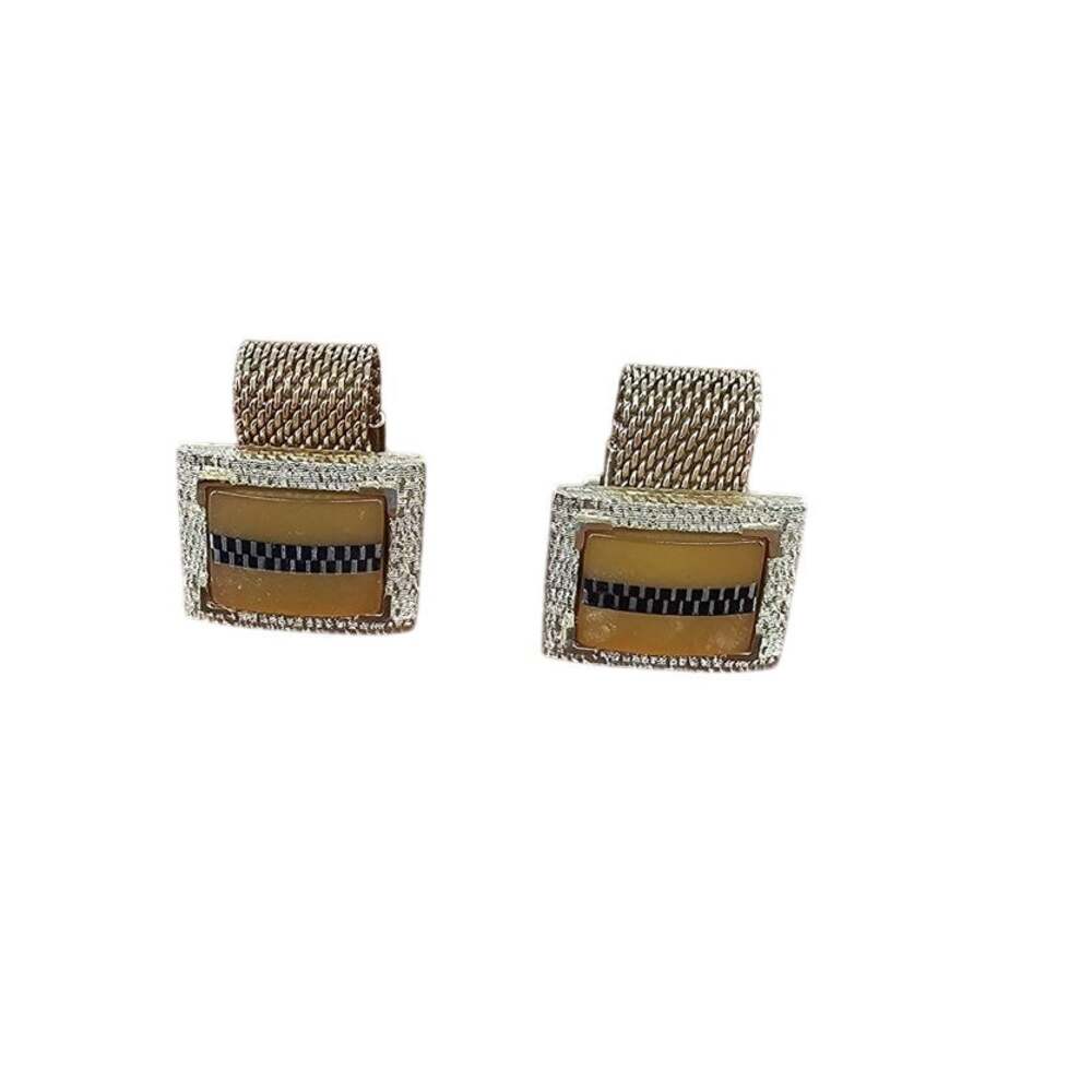Vintage Hickok Wrap Around Mesh Cufflinks Gold Tone Tan Black Check Mid Century
